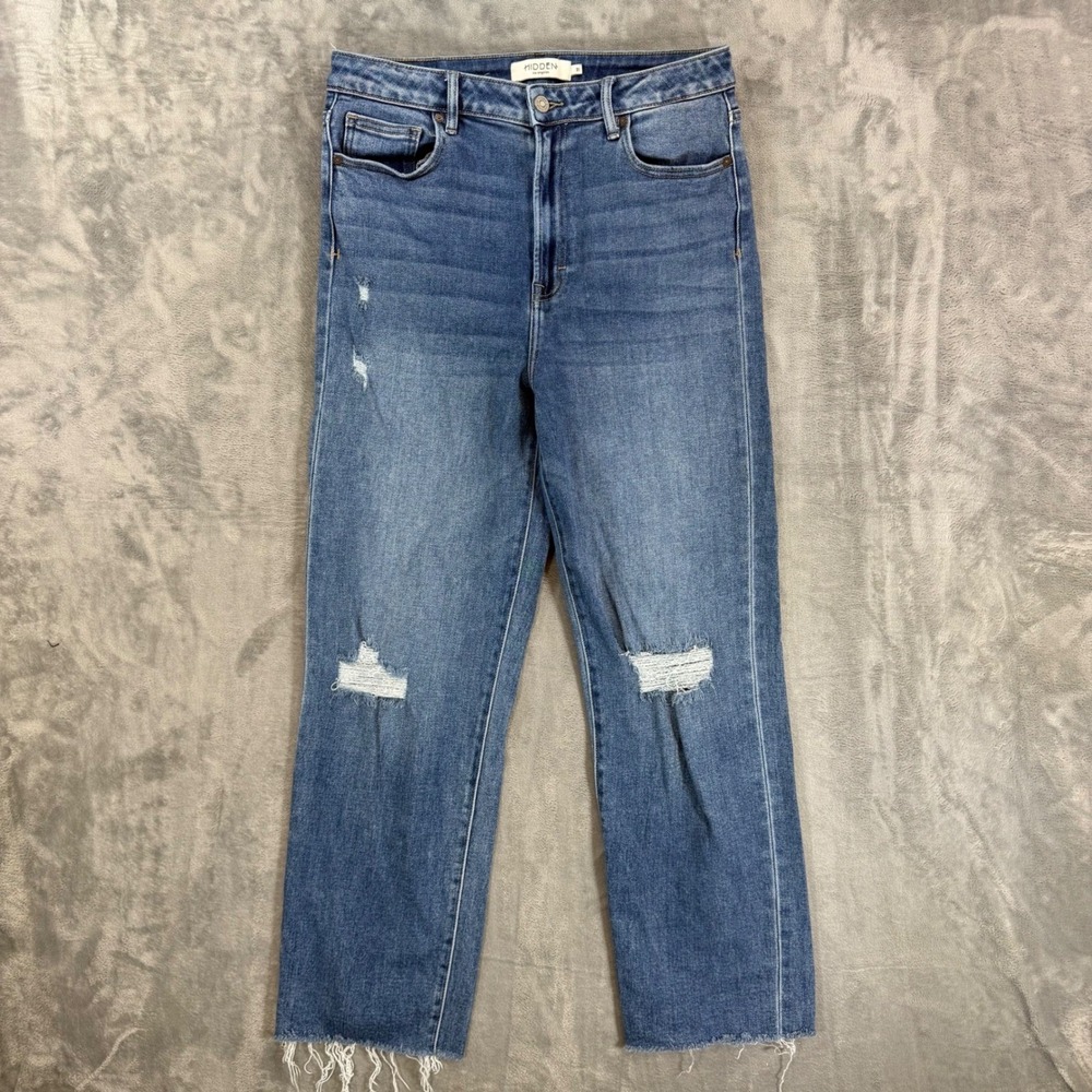 Hidden High Rise Straight Jeans Womens Size 31 Blue Distressed Med Wash
